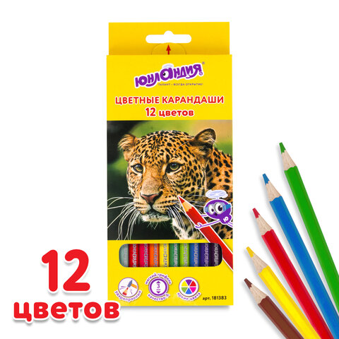 Карандаши цветные ЮНЛАНДИЯ "МИР ЖИВОТНЫХ", 12 цветов, шестигранные, грифель 3 мм, натуральное дерево, 181383