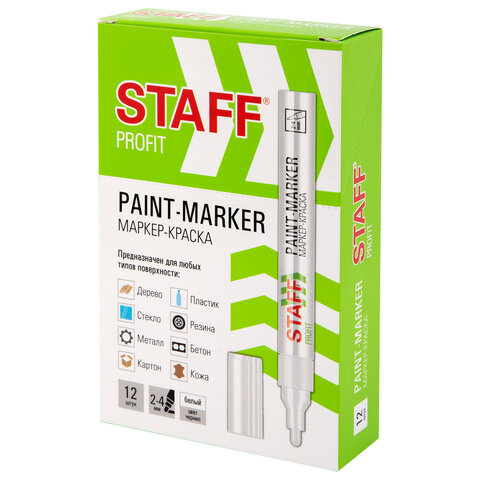 Маркер-краска лаковый (paint marker) 2-4 мм, БЕЛЫЙ, НИТРО-ОСНОВА, STAFF PROFIT, для любых поверхностей, 152577