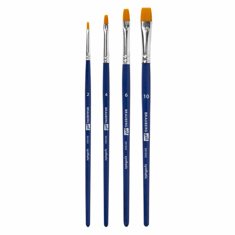 Кисти художественные набор 4 шт., синтетика (плоские № 2, 4, 6, 10), BRAUBERG ART DEBUT, 201032