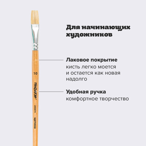 Кисть ПИФАГОР, ЩЕТИНА, плоская, № 10, деревянная лакированная ручка, пакет с подвесом, 200874