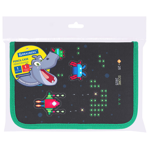 Пенал BRAUBERG с наполнением, 1 отделение, 1 откидная планка, 24 предмета, 21х14 см, "Space strike", 273534