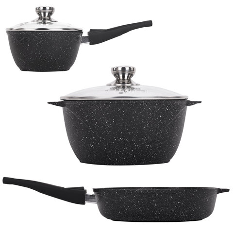 Набор посуды (сковорода 26 см, кастрюля 5 л, ковш 1,7 л, 2 съемных ручки, 2 крышки), МЕЧТА "Гранит Black", 001802