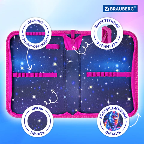 Пенал BRAUBERG, 1 отделение, полиэстер, 21х14 см, "Space cat", 273518