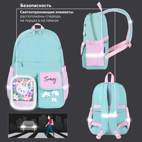 Рюкзак BRAUBERG PASTEL с термонашивками в комплекте, "Funny clouds", мятный, 40х29х14 см, 271421