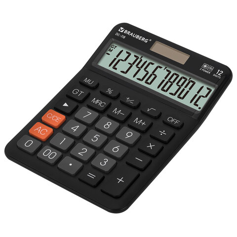 Калькулятор настольный BRAUBERG DC-118-BK (175х126 мм), 12 разрядов, двойное питание, черный, 272962