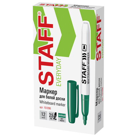 Маркер стираемый для белой доски, STAFF "EVERYDAY" WBM-093, ЗЕЛЕНЫЙ, 2,5 мм, тонкий корпус, 151096