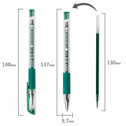 Ручка гелевая с грипом STAFF "EVERYDAY" GP-194, ЗЕЛЕНАЯ, корпус прозрачный, узел 0,5 мм, линия письма 0,35 мм, 141825