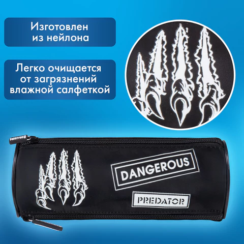 Пенал BRAUBERG, 3 отделения, нейлон, 21х7х7 см, "Claws", 272307