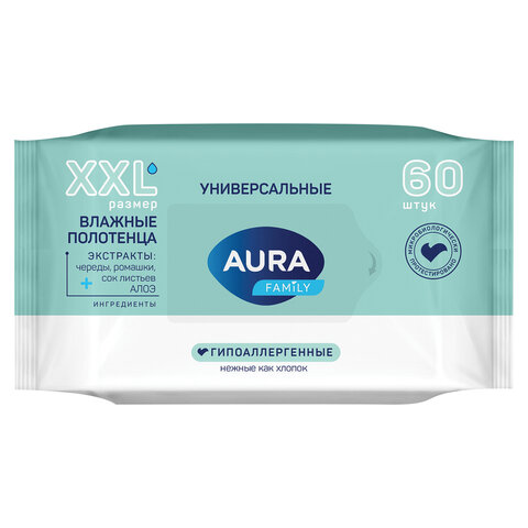 Полотенца влажные 60 шт., XXL, AURA "Family", универсальные, 14403