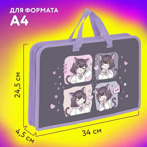 Папка на молнии с ручками ЮНЛАНДИЯ А4, 1 отделение, пластик, ширина 45 мм, "Anime dreamer", 273357