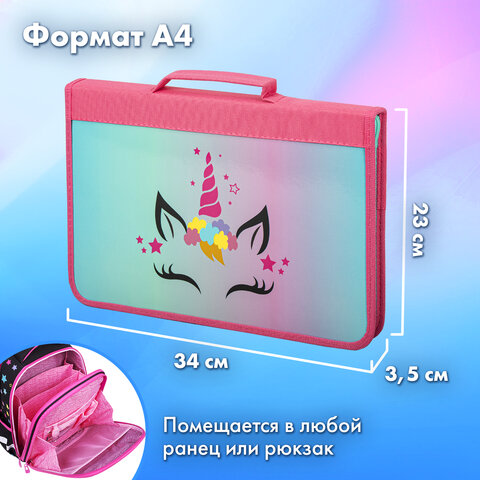 Папка на молнии BRAUBERG А4 с ручкой, с органайзером, 1 отделение, "Сказочный единорог", 271447