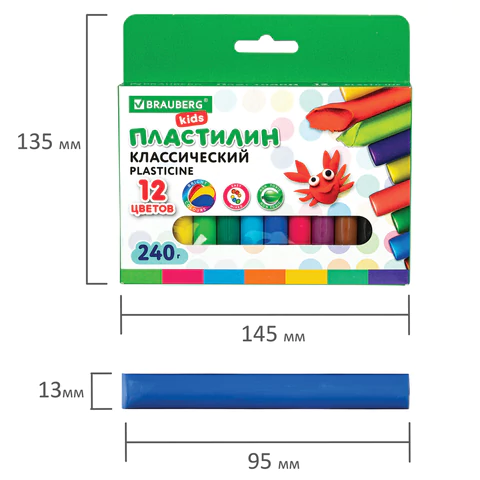 Пластилин классический BRAUBERG KIDS, 12 цветов, 240 г, ВЫСШЕЕ КАЧЕСТВО, 105873