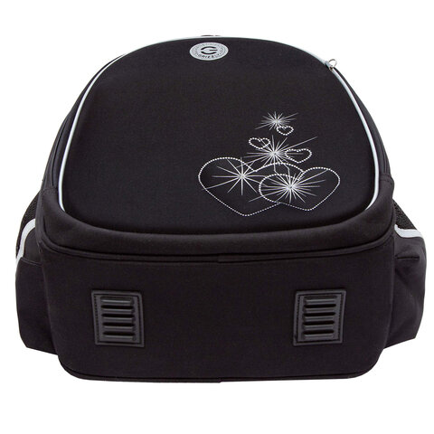 Ранец GRIZZLY анатомическая спинка, c брелоком, для девочек, "HEARTS", чёрный 36х28х20 см, RAz-586-5/1