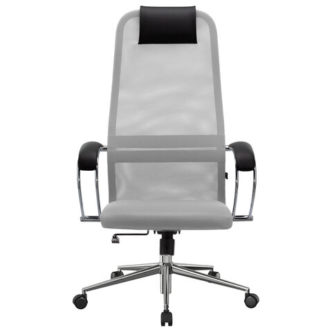 Кресло офисное МЕТТА "SU-B-8" хром, ткань-сетка, сиденье мягкое, светло-серое