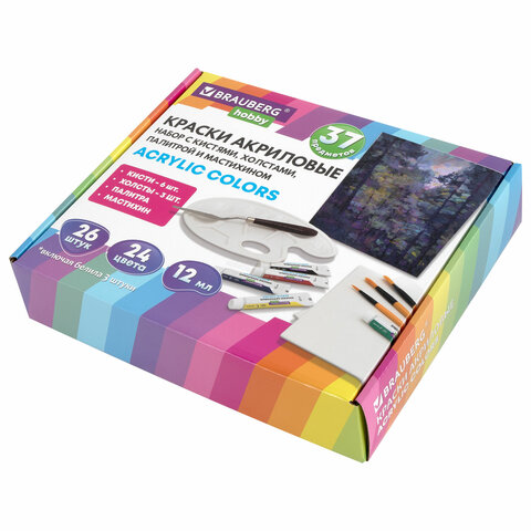 Краски акриловые художественные 26 шт. по 12 мл, холсты 3 шт., кисти 6 шт., аксессуары, 37 предметов, BRAUBERG HOBBY, 192544