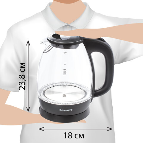 Чайник SONNEN KT-1786, 1,7 л, 2200 Вт, закрытый нагревательный элемент, стекло, 453422