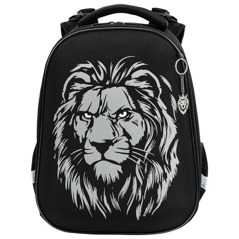 Ранец BRAUBERG SHINY, 2 отделения, с брелком, "Savage lion", светящийся рисунок, 38х28х14 см, 272039