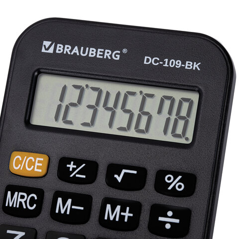 Калькулятор карманный со шнурком BRAUBERG DC-109-BK (61x110 мм), 8 разрядов, ЧЕРНЫЙ, 272642
