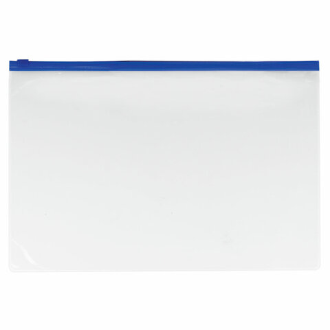 Папка-конверт на молнии А4 (230х333 мм), прозрачная, молния синяя, 0,11 мм, BRAUBERG, 221010