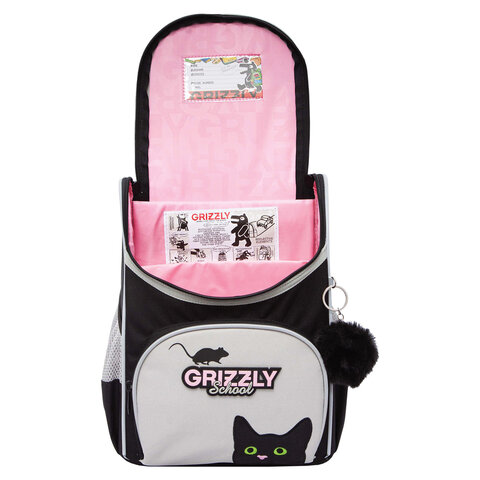 Ранец GRIZZLY анатомическая спинка, с мешком для обуви, для девочек, "BLACKY", серый, 33х25х13 см, RAm-584-1/2