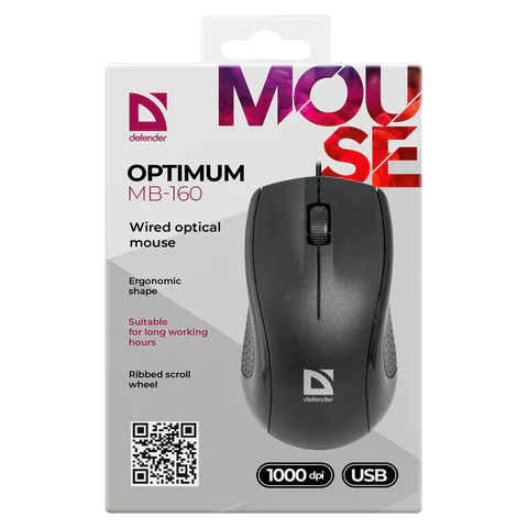 Мышь проводная DEFENDER Optimum MB-160, USB, 2 кнопки + 1 колесо-кнопка, оптическая, черная, 52160