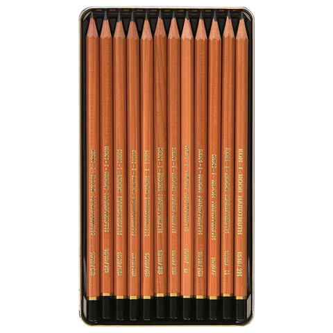 Карандаши чернографитные KOH-I-NOOR, НАБОР 12 шт., "Art", 8В-2H, без резинки, металлическая коробка, 1512N12001PL