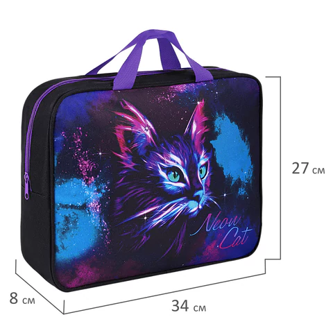 Папка на молнии с ручками BRAUBERG А4, 1 отделение, полиэстер, 80 мм, "Neon cat", 271482