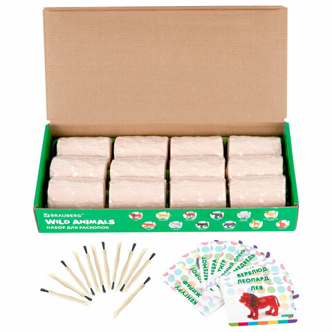Набор для раскопок "Дикие животные", 12 видов, карточки, инструменты, BRAUBERG KIDS, 665128