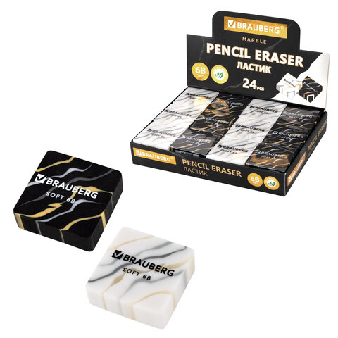 Ластик BRAUBERG "MARBLE", 34х34х11 мм, квадратный, экологичный ПВХ, ассорти, 272726