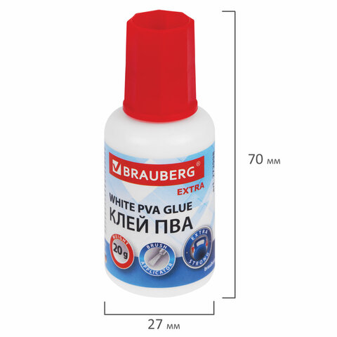 Клей ПВА УСИЛЕННЫЙ 20 г с кисточкой (бумага, фотографии, картон, дерево), BRAUBERG Extra, 272998