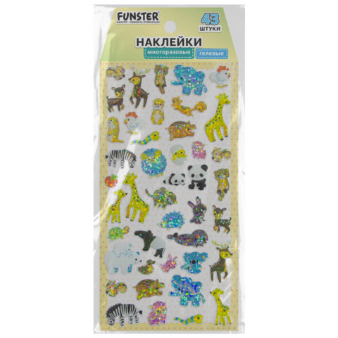Наклейки гелевые "Зверушки", 17,5х9 см, ассорти 4 вида, FUNSTER (ФАНСТЕР), 666095