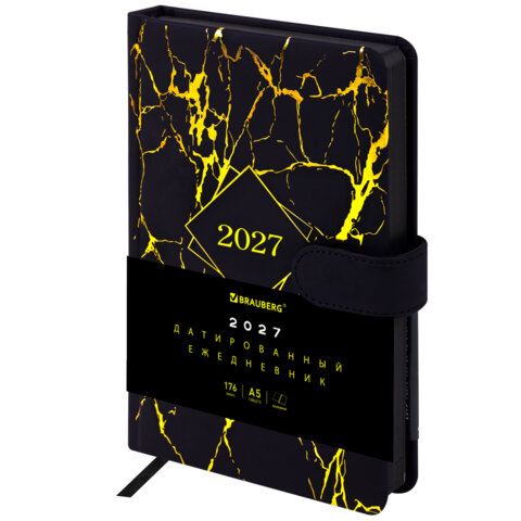Ежедневник датированный 2027, А5, 138x213 мм, BRAUBERG "Goldy", под кожу, магнитная застежка, цветной срез, черный, 117898