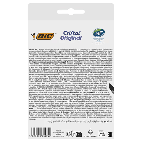 Ручки шариковые BIC "Cristal Original", НАБОР 10 шт., СИНИЕ, узел 1 мм, линия письма 0,32 мм, пакет, 830863