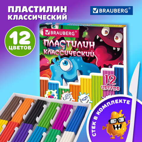 Пластилин классический "МОНСТРИКИ", 12 цветов, 240 г, СТЕК, ВЫСШЕЕ КАЧЕСТВО, BRAUBERG, 107356