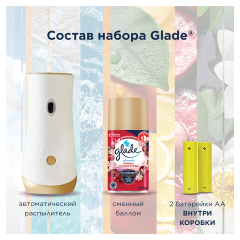 Освежитель воздуха автоматический, 269 мл, GLADE, диспенсер+сменный баллон, "Пион и сочные ягоды"
