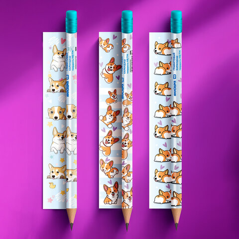 Карандаш чернографитный с принтом ЮНЛАНДИЯ КОРГИ, 1 шт., HB, с ластиком, корпус ассорти, 182009