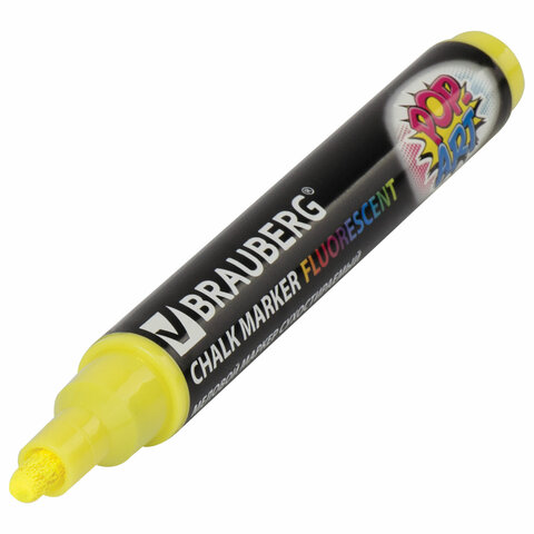 Маркер меловой "POP-ART" ЖЕЛТЫЙ, 5 мм, стираемый, для гладких поверхностей, BRAUBERG, 151528