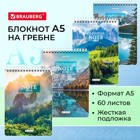 Блокнот А5, 146х206 мм, 60 л., гребень, картон, жесткая подложка, клетка, BRAUBERG, "Горные пейзажи", 114367