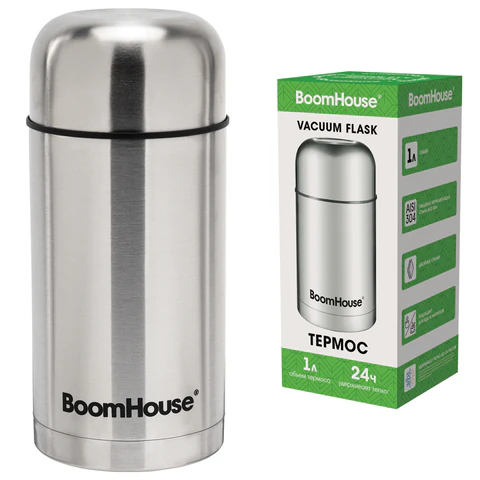 Термос 1 л для еды/напитков с широким горлом, BOOMHOUSE (БУМХАУС) WIDE, нержавеющая сталь SUS304, серебристый, 700320