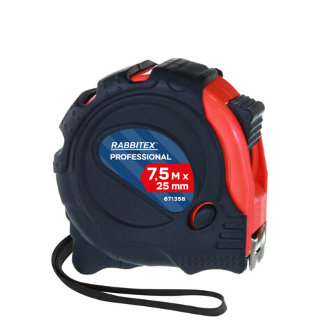 Рулетка измерительная 7,5 м х 25 мм, обрезиненный корпус, 3 фиксатора, RABBITEX (РАББИТЕКС) Professional, 671358