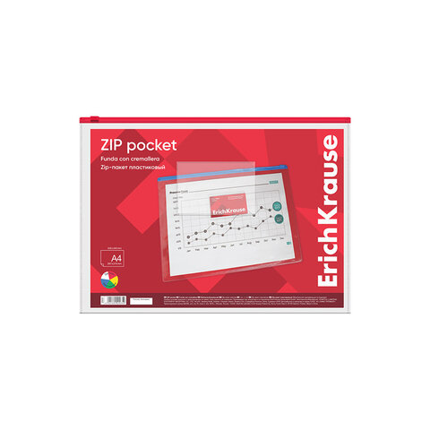 Папка-конверт на молнии ERICH KRAUSE А4 (334х241 мм), карман для визиток, прозрачная, 0,14 мм, 2935