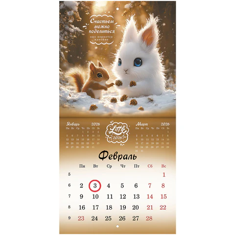 Календарь настенный перекидной 2026 г., BRAUBERG, 12 листов, 21,4х21,4 см, МИНИ, "Magic animals", 116943