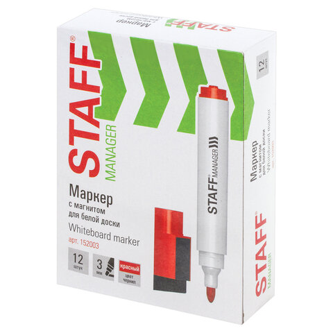 Маркер стираемый для белой доски на магните со стирателем, КРАСНЫЙ, STAFF "Manager" WBM-002, 3 мм, 152003