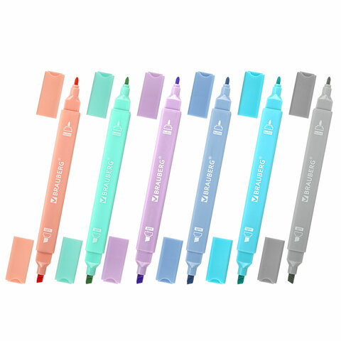 Набор текстовыделителей двусторонних 6 ПАСТЕЛЬНЫХ ЦВЕТОВ, BRAUBERG "Macaroon", линия 1-5 мм, 152513