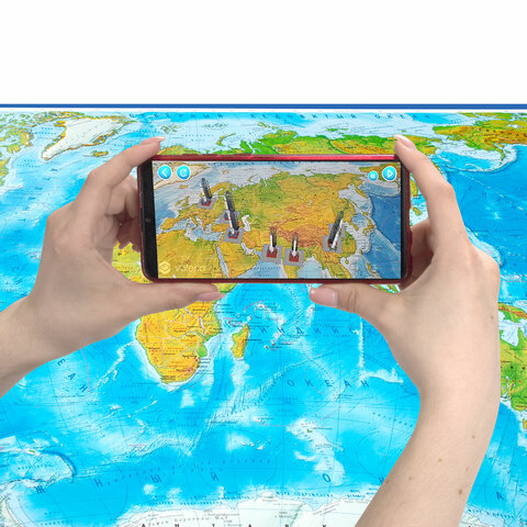 Карта мира физическая 157х107 см, 1:21,5М, с ламинацией, интерактивная, в тубусе, BRAUBERG, 112388