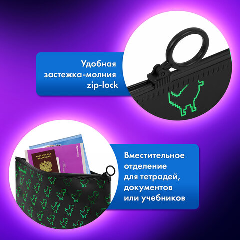 Папка для тетрадей BRAUBERG А4, 1 отделение, пластик, на zip-lock-молнии, "Dino matrix", 272106