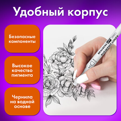 Капиллярные ручки линеры для рисования 3 шт., черные, 0,3/0,4/0,8 мм, BRAUBERG ART DEBUT, 143939