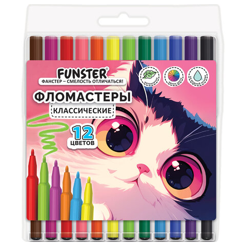 Фломастеры ПВХ пенал "АССОРТИ 6 ДИЗАЙНОВ", 12 цветов, КЛАССИЧЕСКИЕ, FUNSTER (ФАНСТЕР), 152685