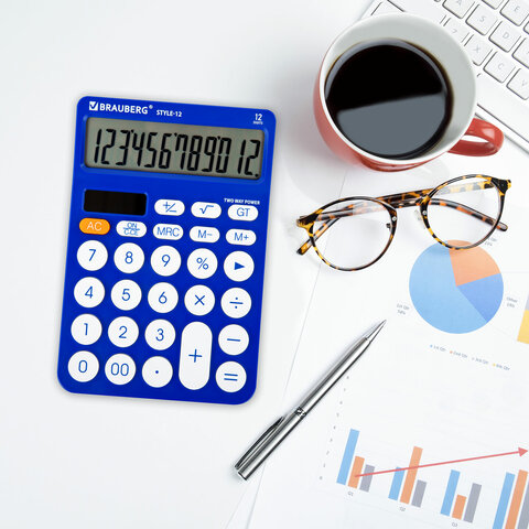 Калькулятор настольный BRAUBERG STYLE-12-BL (157х106 мм), 12 разрядов, двойное питание, СИНИЙ, 272966