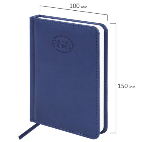 Ежедневник датированный 2026, МАЛЫЙ ФОРМАТ 100х150 мм, А6, BRAUBERG "Favorite", под кожу, синий, 117250